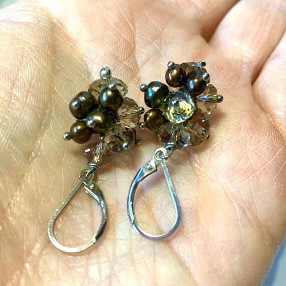 💝Vintage Silver 925 Cluster Pearl & Crystal Earrings - Picture 5 of 5